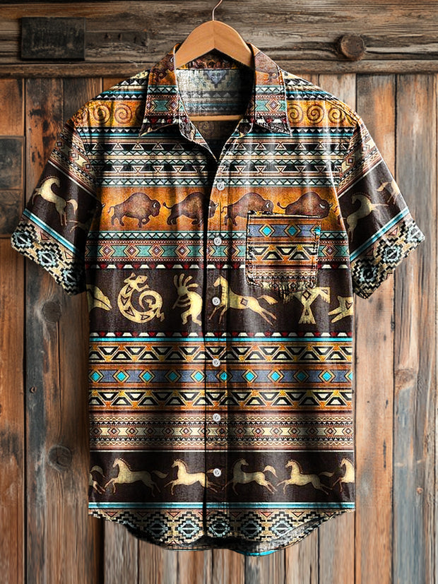 Men's Vintage Western Stripe Color Art Print Short Sleeve Pocket Shirt