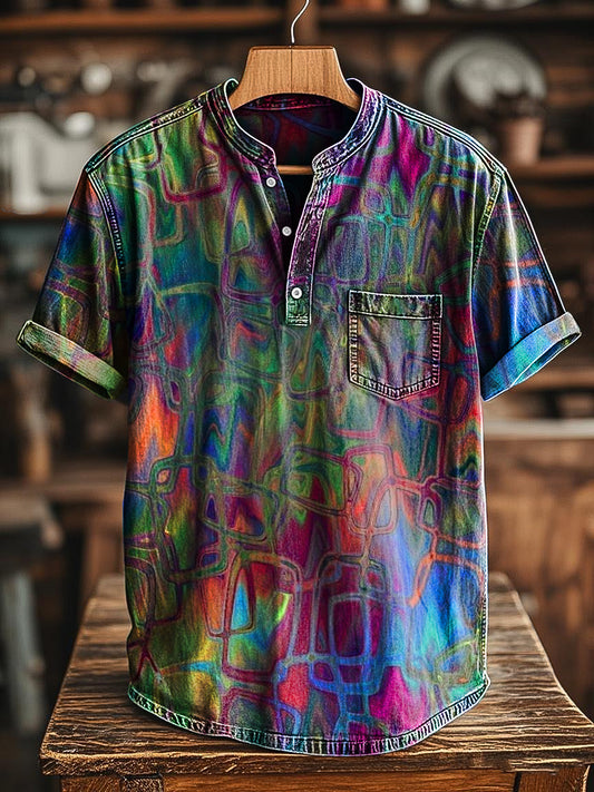 Vintage Color Line Geometric Art Print Casual Henley T-Shirt