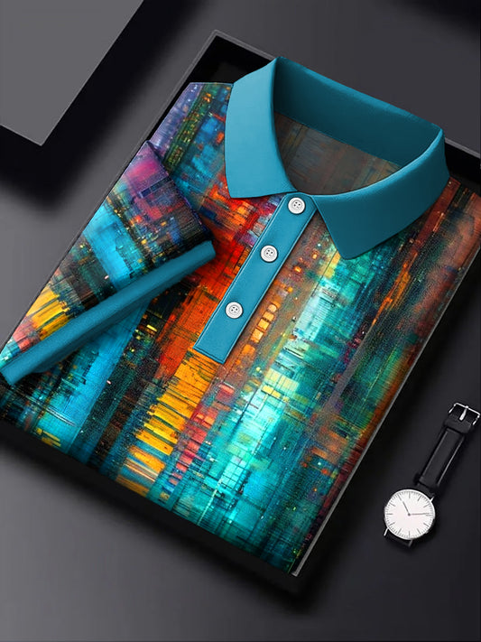 Men's Retro Abstract Colorful Line Art Printing Casual Business Polo Shirt