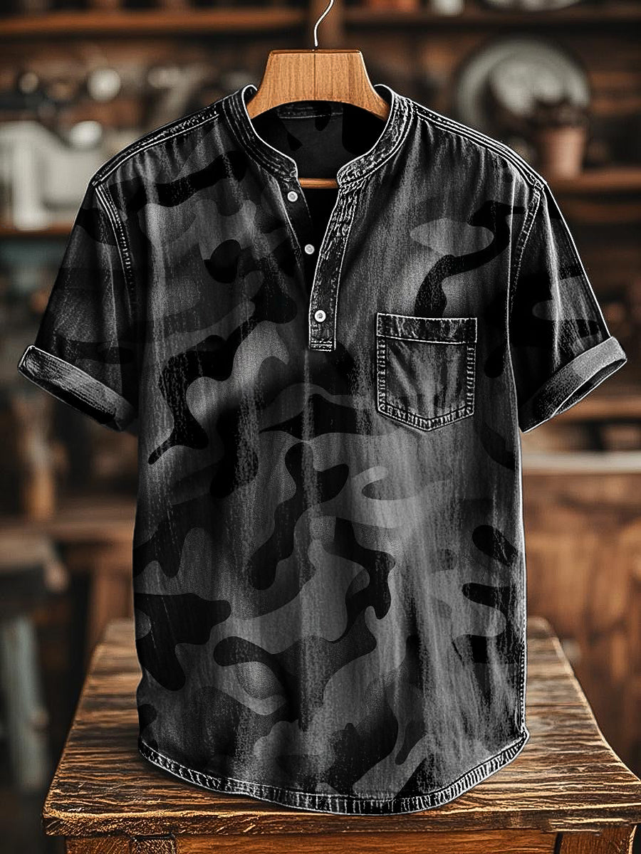 Vintage Abstract Black Camouflage Art Print Casual Henley T-Shirt