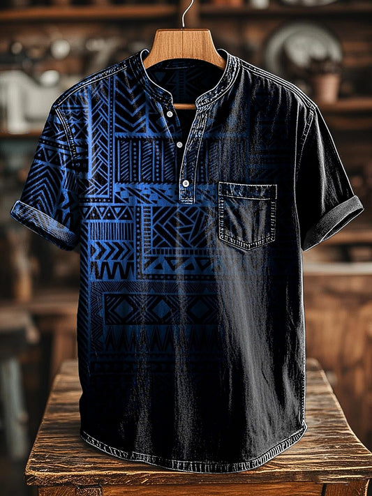 Abstract Art Gradient Ethnic Geometric Print Casual Henley T-Shirt