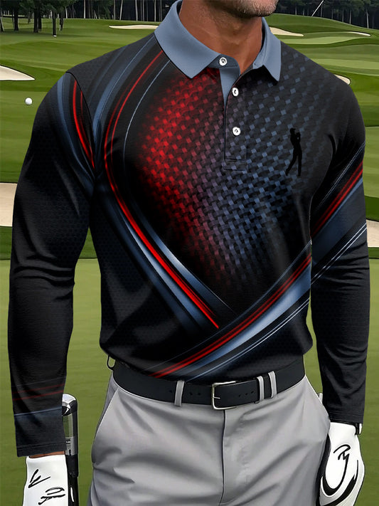 Men's Artistic Abstract Geometric Gradient Stripe Print Casual Business Long-Sleeve Polo Shirt