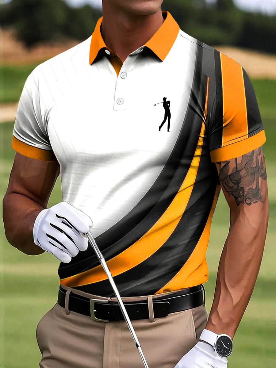 Men's Golf Striped Textured Patchwork Artistic Print Casual Business Polo Shirt