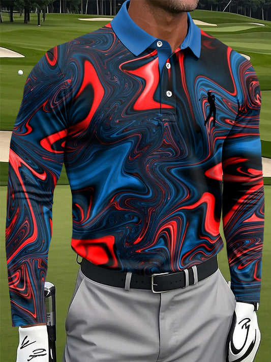 Men's Artistic Multi-Color Marble Texture Print Casual Business Long-Sleeved Polo Shirt