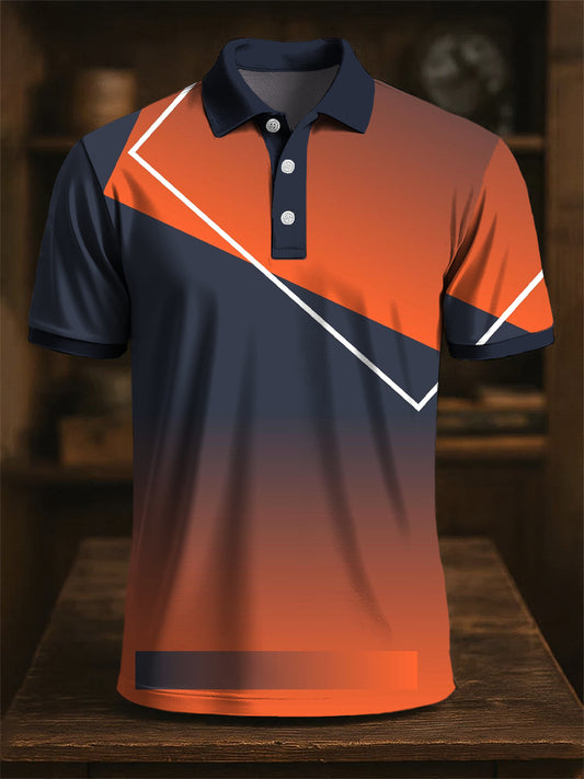 Men's Retro Gradient Color Block Art Print Casual Business Polo Shirt