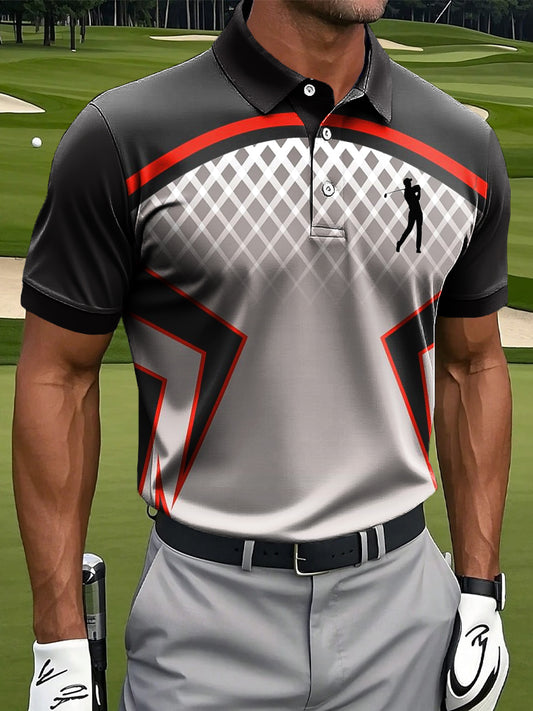 Men's Retro Gradient Geometric Patchwork Print Casual Business Polo Shirt