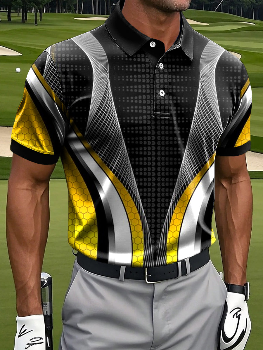 Men's Retro Colorful Irregular Line Art Print Casual Business Polo Shirt