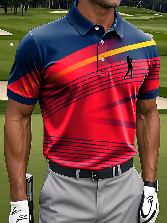 Men's Retro Gradient Stripe Patchwork Art Print Casual Business Polo Shirt