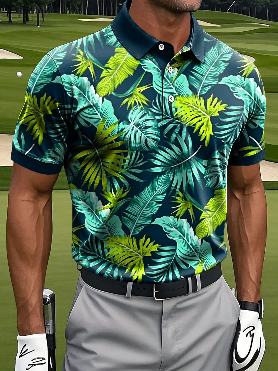 Men's Hawaiian Palm Leaf Art Print Casual Business Polo Shirt