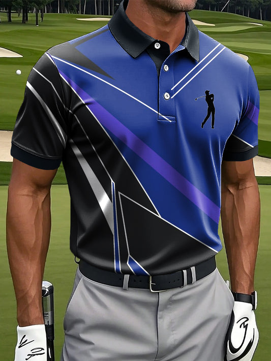 Men's Retro Geometric Stripes Patchwork Art Print Casual Business Polo Shirt