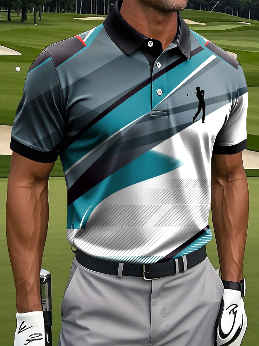 Men's Retro Geometric Color Block Art Print Casual Business Polo Shirt