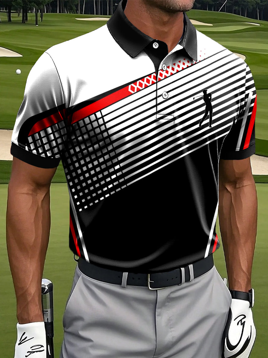 Men's Retro Irregular Line Patchwork Art Print Casual Business Polo Shirt