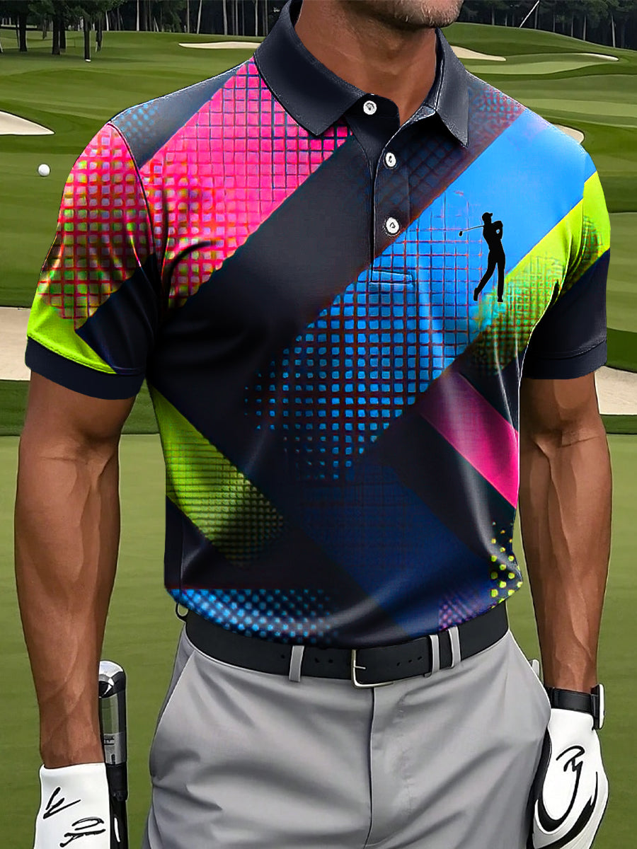 Men's Retro Color Gradient Geometric Art Print Casual Business Polo Shirt