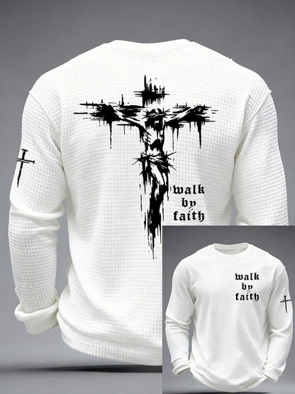 Men's Christian Walk By Faith Cross Print Waffle Long Sleeve T-Shirt