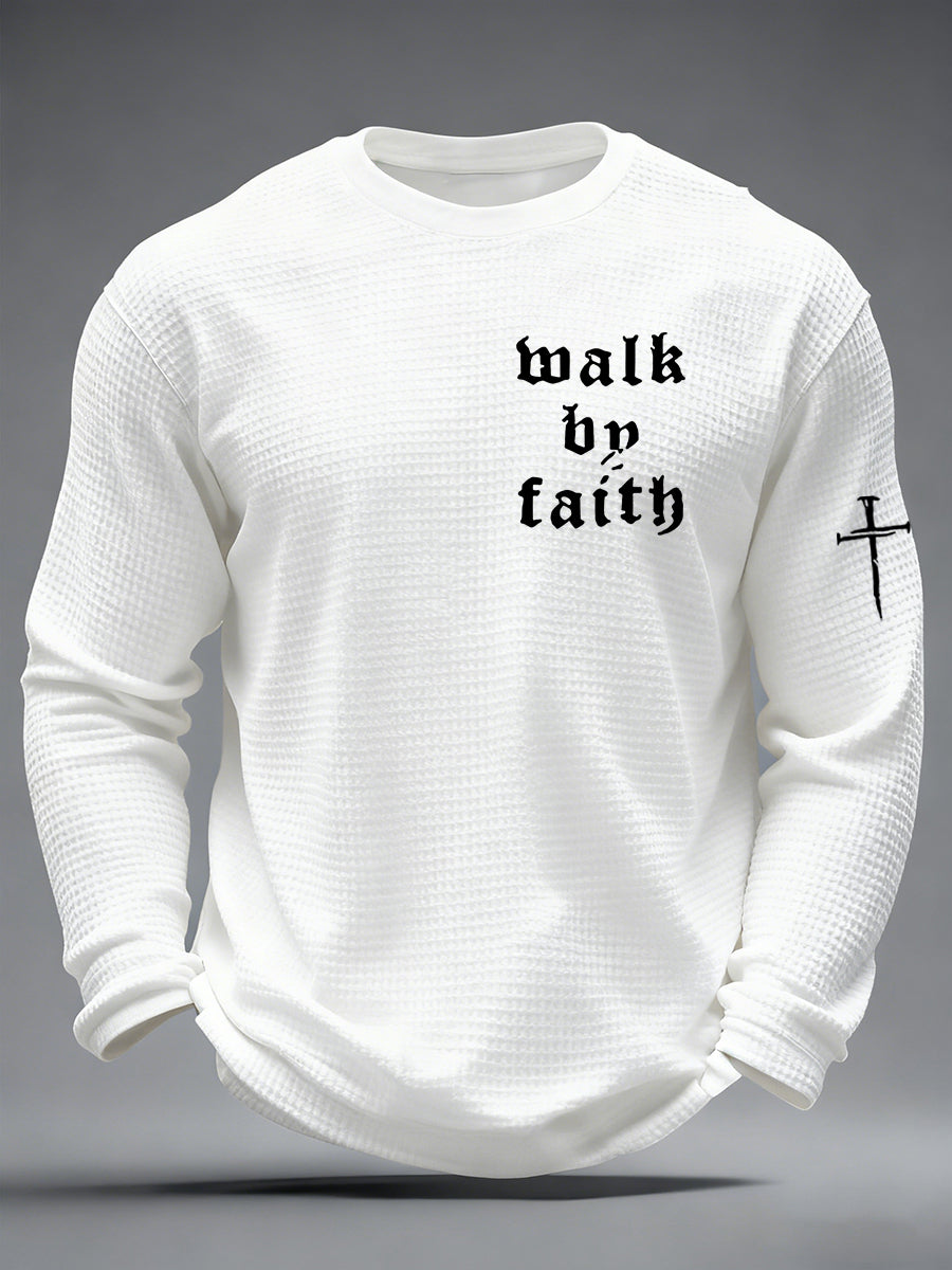 Men's Christian Walk By Faith Cross Print Waffle Long Sleeve T-Shirt