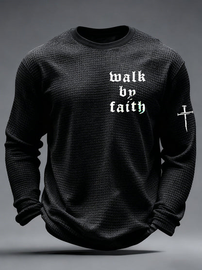 Men's Christian Walk By Faith Cross Print Waffle Long Sleeve T-Shirt