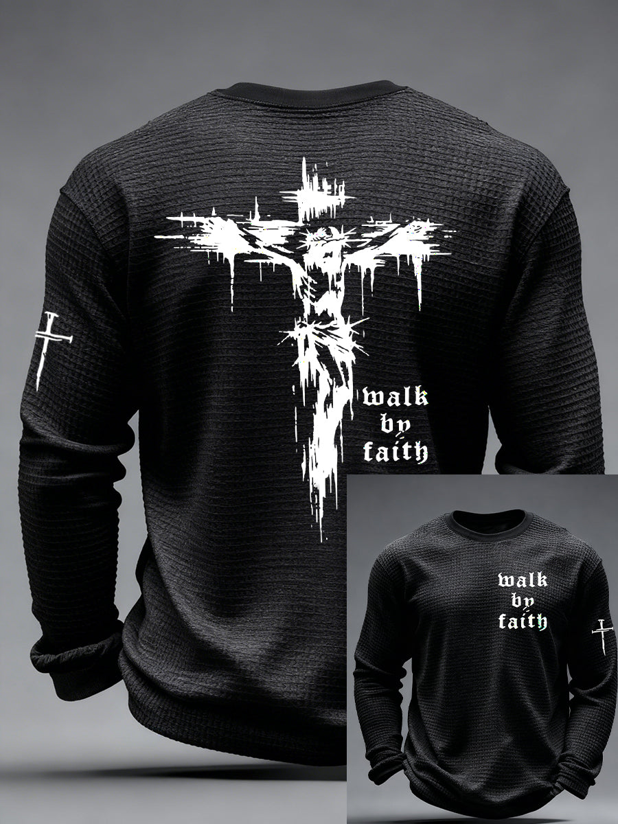 Men's Christian Walk By Faith Cross Print Waffle Long Sleeve T-Shirt