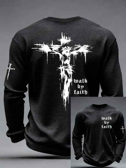 Men's Christian Walk By Faith Cross Print Waffle Long Sleeve T-Shirt