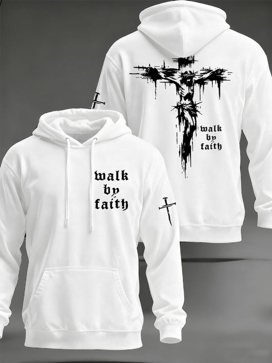 Men's Christian Walk By Faith Cross Print  Hooded Sweatshirt