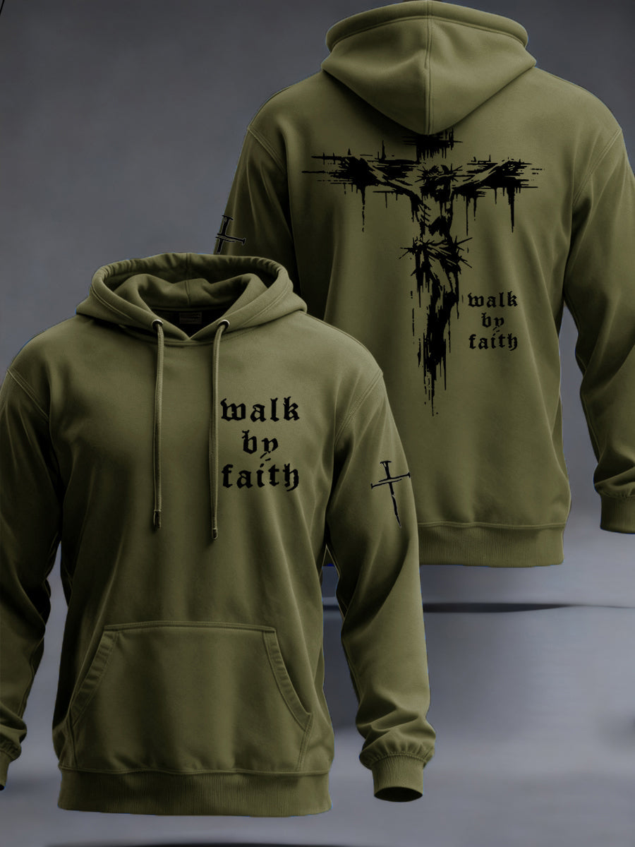 Men's Christian Walk By Faith Cross Print  Hooded Sweatshirt