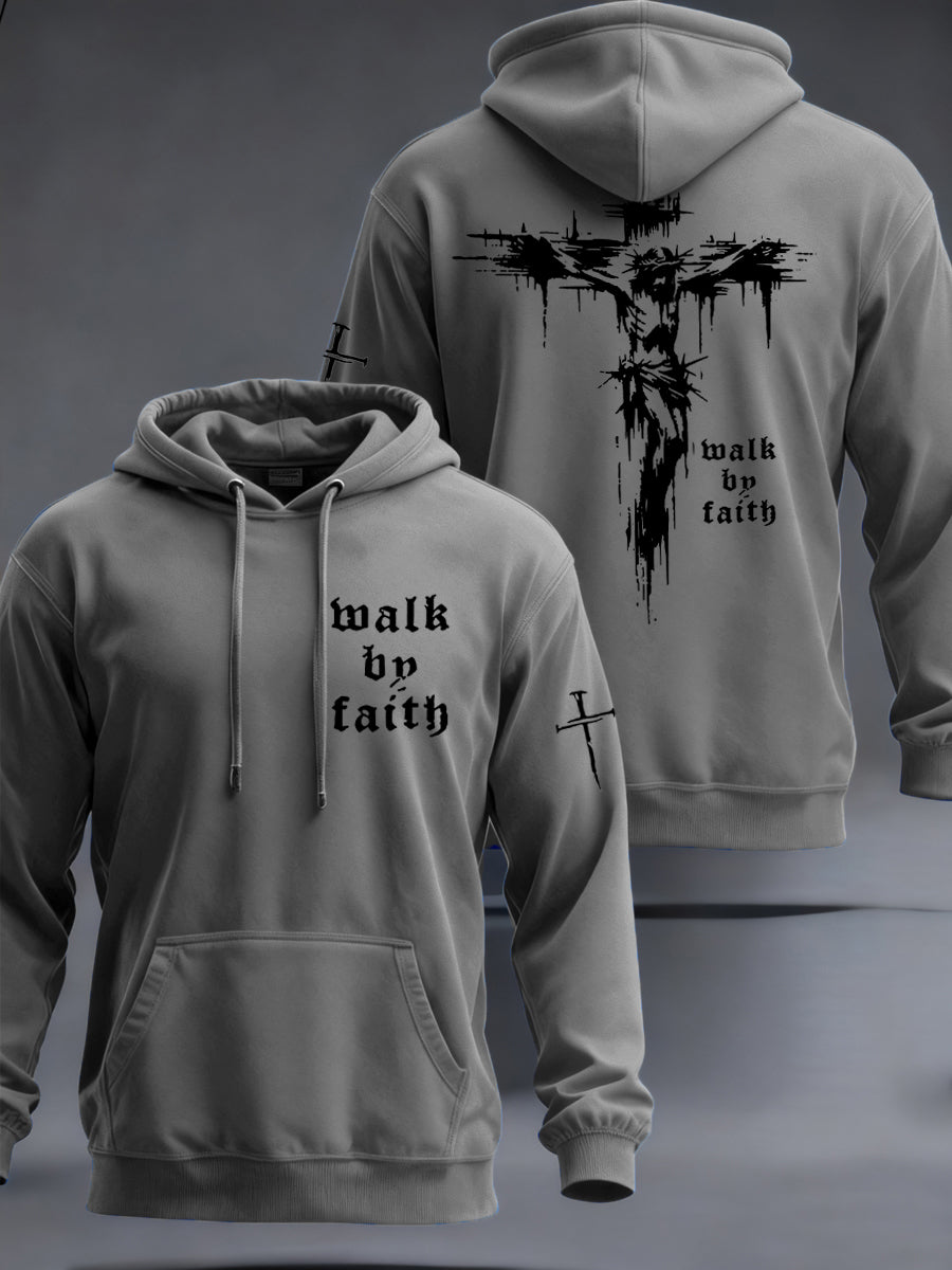 Men's Christian Walk By Faith Cross Print  Hooded Sweatshirt