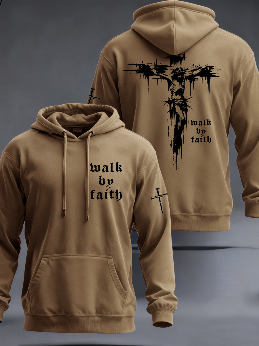 Men's Christian Walk By Faith Cross Print  Hooded Sweatshirt