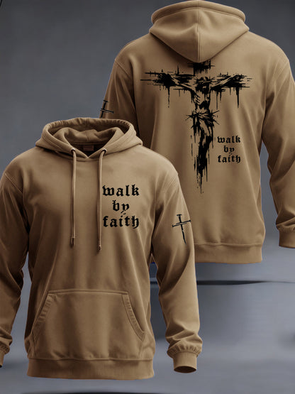 Men's Christian Walk By Faith Cross Print  Hooded Sweatshirt