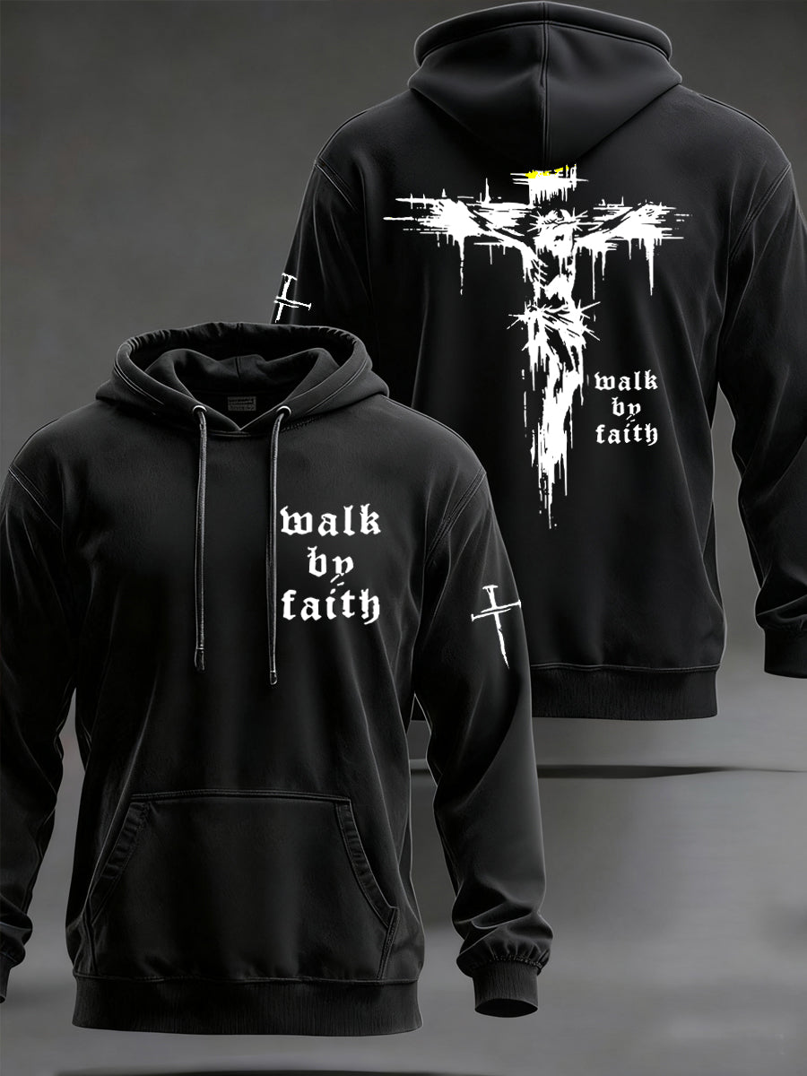 Men's Christian Walk By Faith Cross Print  Hooded Sweatshirt