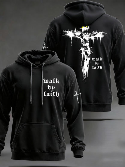 Men's Christian Walk By Faith Cross Print  Hooded Sweatshirt