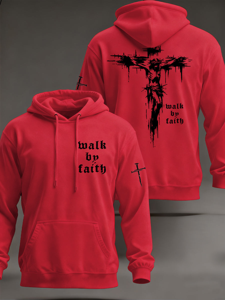 Men's Christian Walk By Faith Cross Print  Hooded Sweatshirt