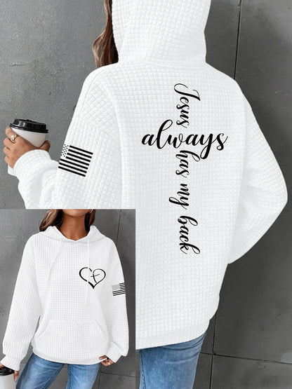 Women's Jesus Has My Back Cross Faith USA Flag Print Casual Waffle Hoodie