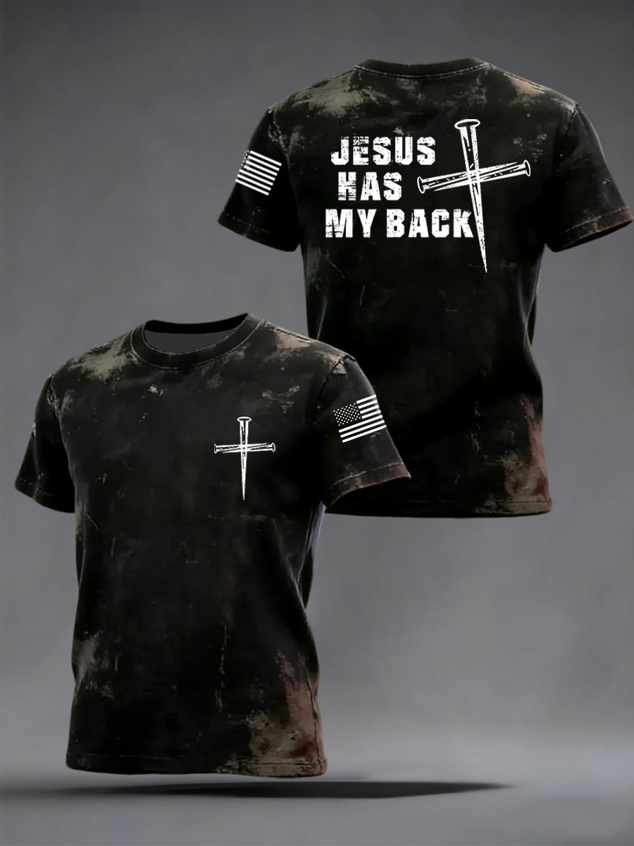 Men's Retro Jesus Has My Back Cross Faith USA Flag Print Casual Tee