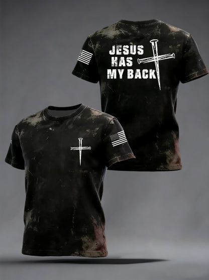 Men's Retro Jesus Has My Back Cross Faith USA Flag Print Casual Tee