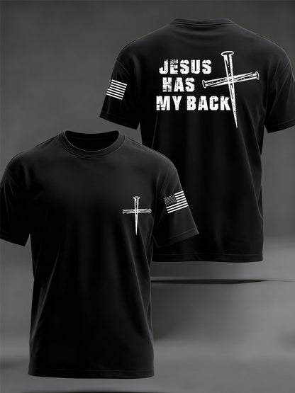 Men's Retro Jesus Has My Back Cross Faith USA Flag Print Casual Tee