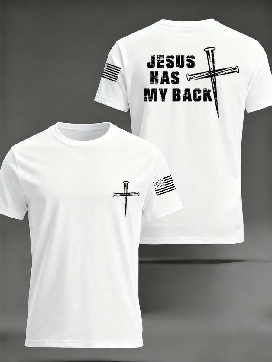 Men's Retro Jesus Has My Back Cross Faith USA Flag Print Casual Tee