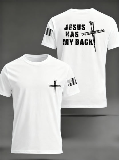 Men's Retro Jesus Has My Back Cross Faith USA Flag Print Casual Tee