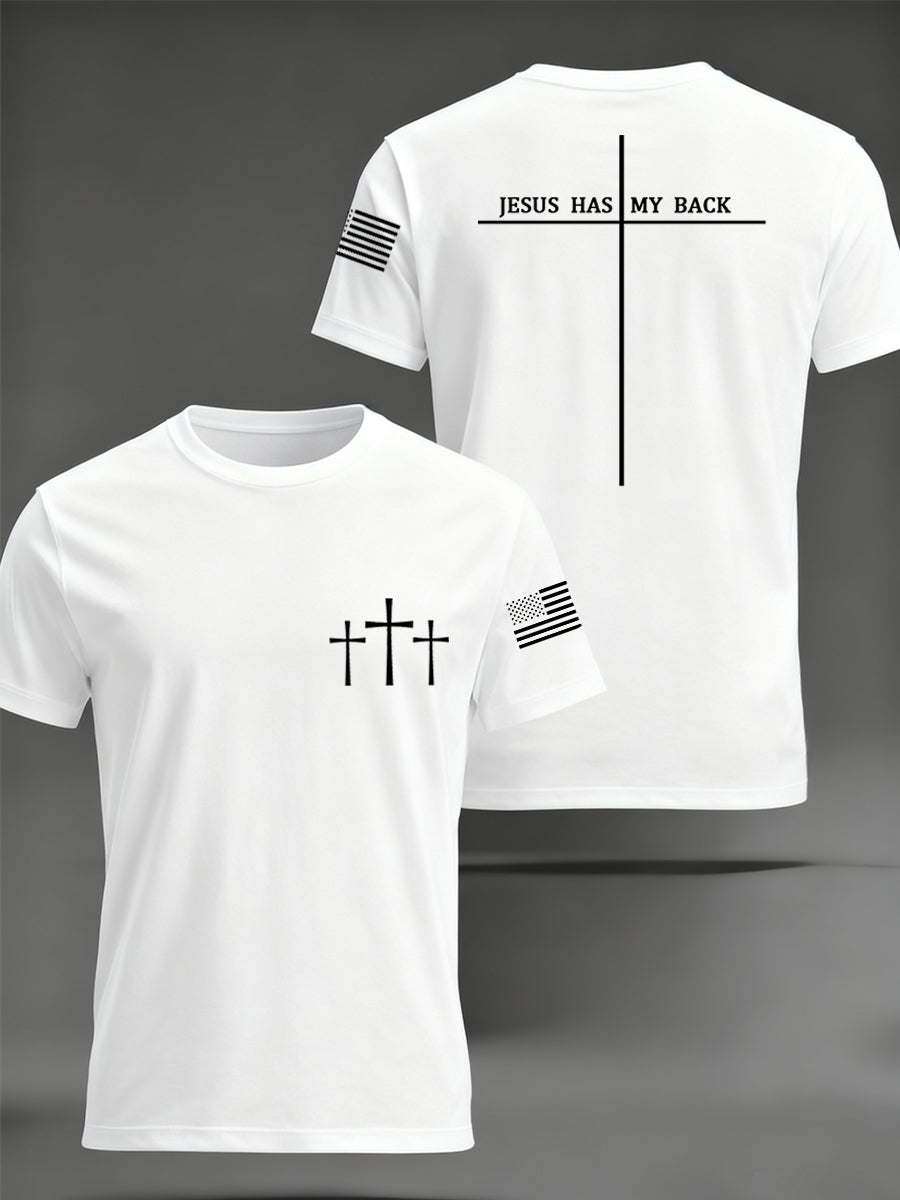 Men's Retro Jesus Has My Back Cross Faith USA Flag Print Casual Tee