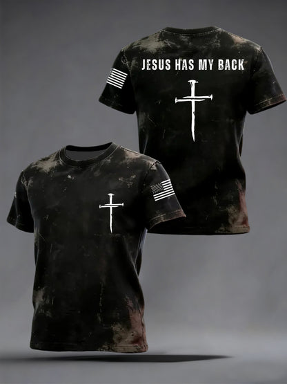 Men's Retro Jesus Has My Back Cross Faith USA Flag Print Casual Tee