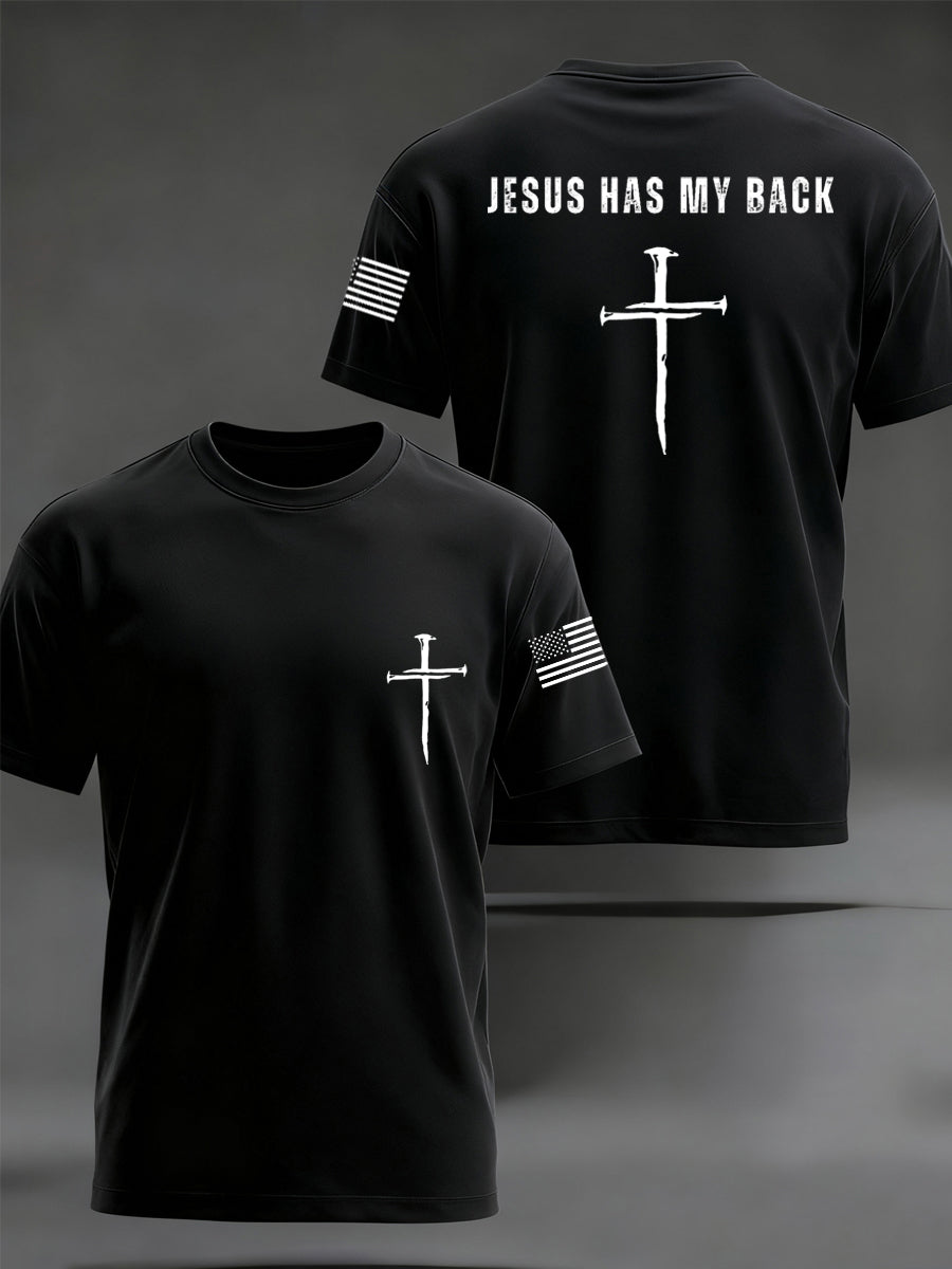 Men's Retro Jesus Has My Back Cross Faith USA Flag Print Casual Tee