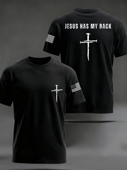 Men's Retro Jesus Has My Back Cross Faith USA Flag Print Casual Tee