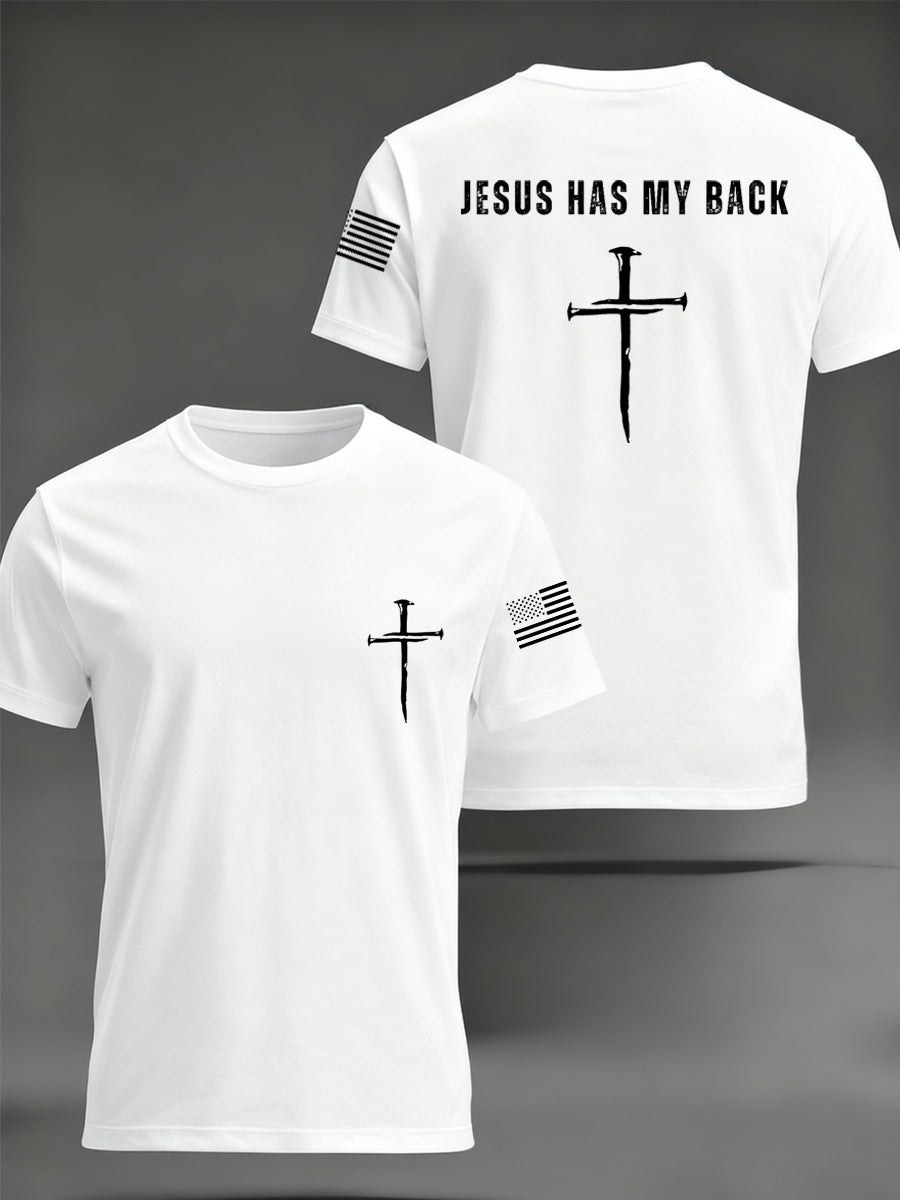 Men's Retro Jesus Has My Back Cross Faith USA Flag Print Casual Tee