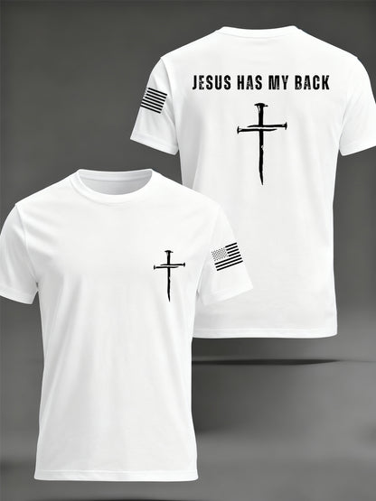 Men's Retro Jesus Has My Back Cross Faith USA Flag Print Casual Tee