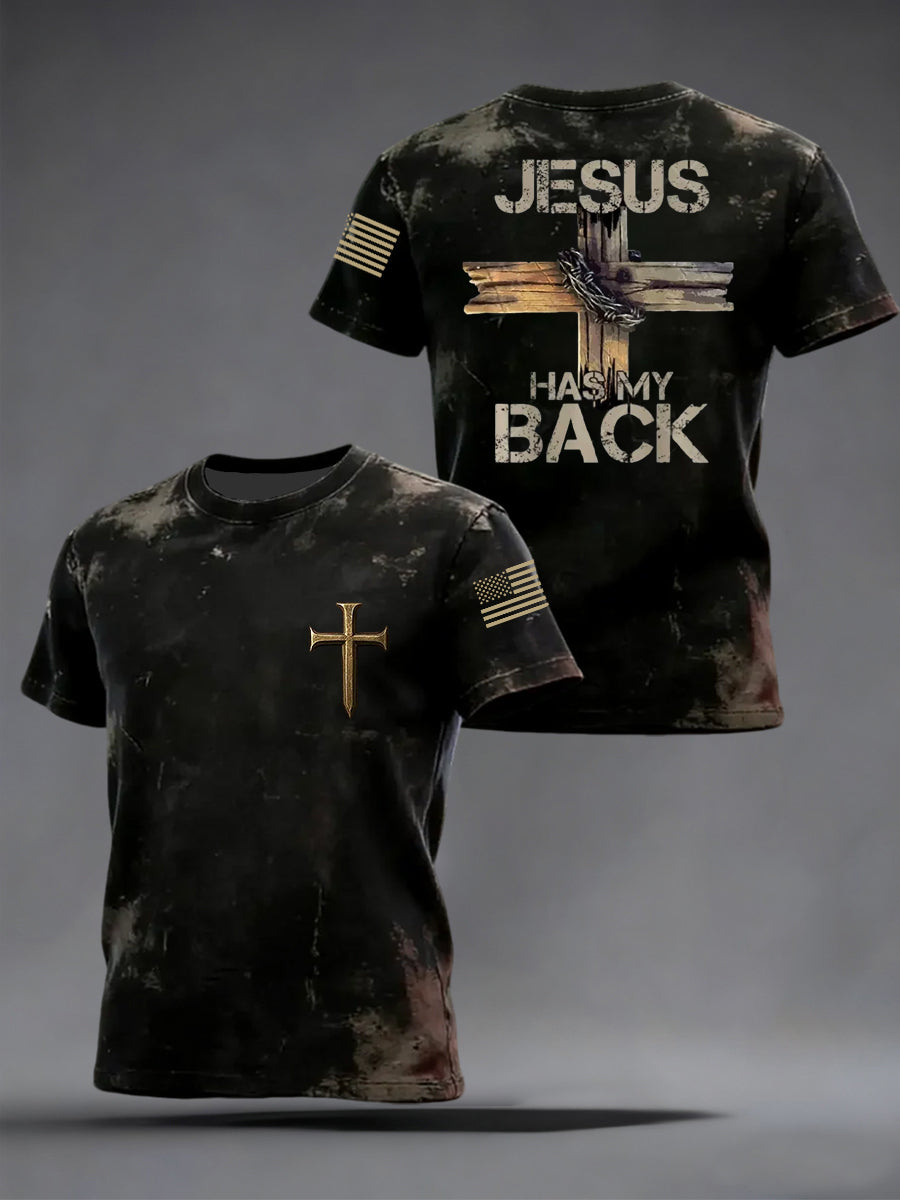 Men's Retro Jesus Has My Back Cross Faith USA Flag Print Casual Tee