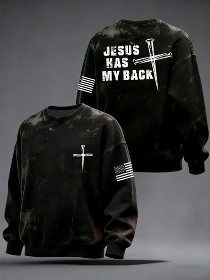 Men's Retro Jesus Has My Back Cross Faith USA Flag Print Casual Sweatshirt