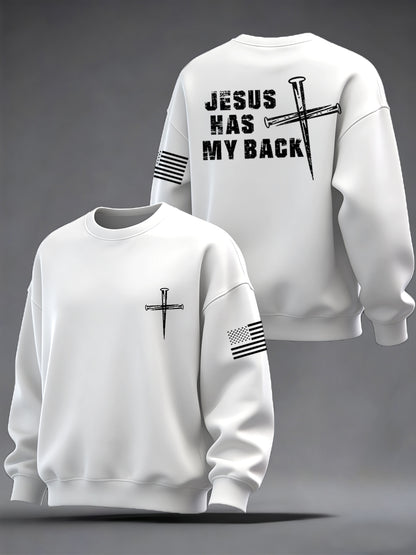 Men's Retro Jesus Has My Back Cross Faith USA Flag Print Casual Sweatshirt