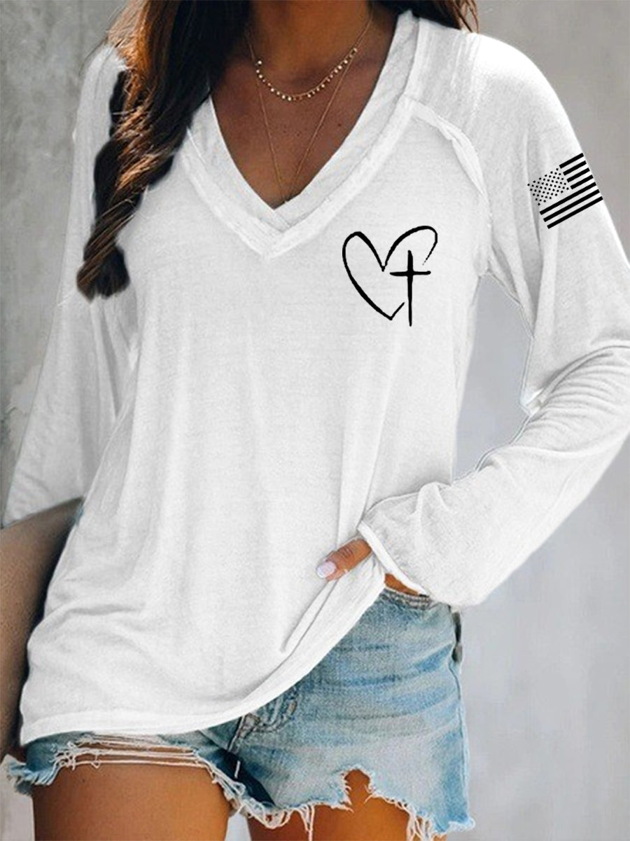 Women's Jesus Has My Back Cross Faith USA Flag Print Casual V-Neck T-Shirt