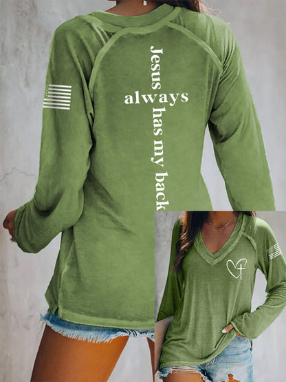 Women's Jesus Has My Back Cross Faith USA Flag Print Casual V-Neck T-Shirt