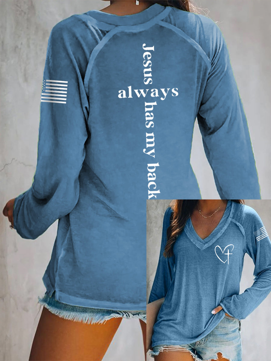 Women's Jesus Has My Back Cross Faith USA Flag Print Casual V-Neck T-Shirt