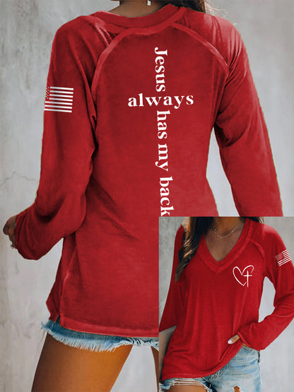 Women's Jesus Has My Back Cross Faith USA Flag Print Casual V-Neck T-Shirt