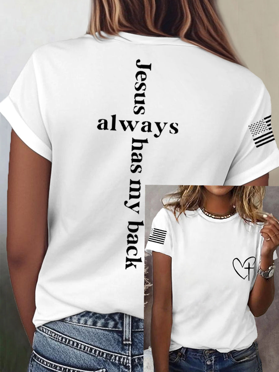 Women's Jesus Always Has My Back Cross Faith USA Flag Print Casual Tee